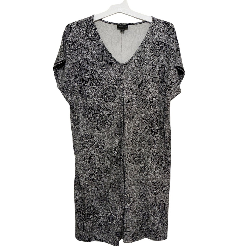 J.Jill Wearever Floral Knit Dress Medium Black Gray Stretch V-Neck 35" KDR090071